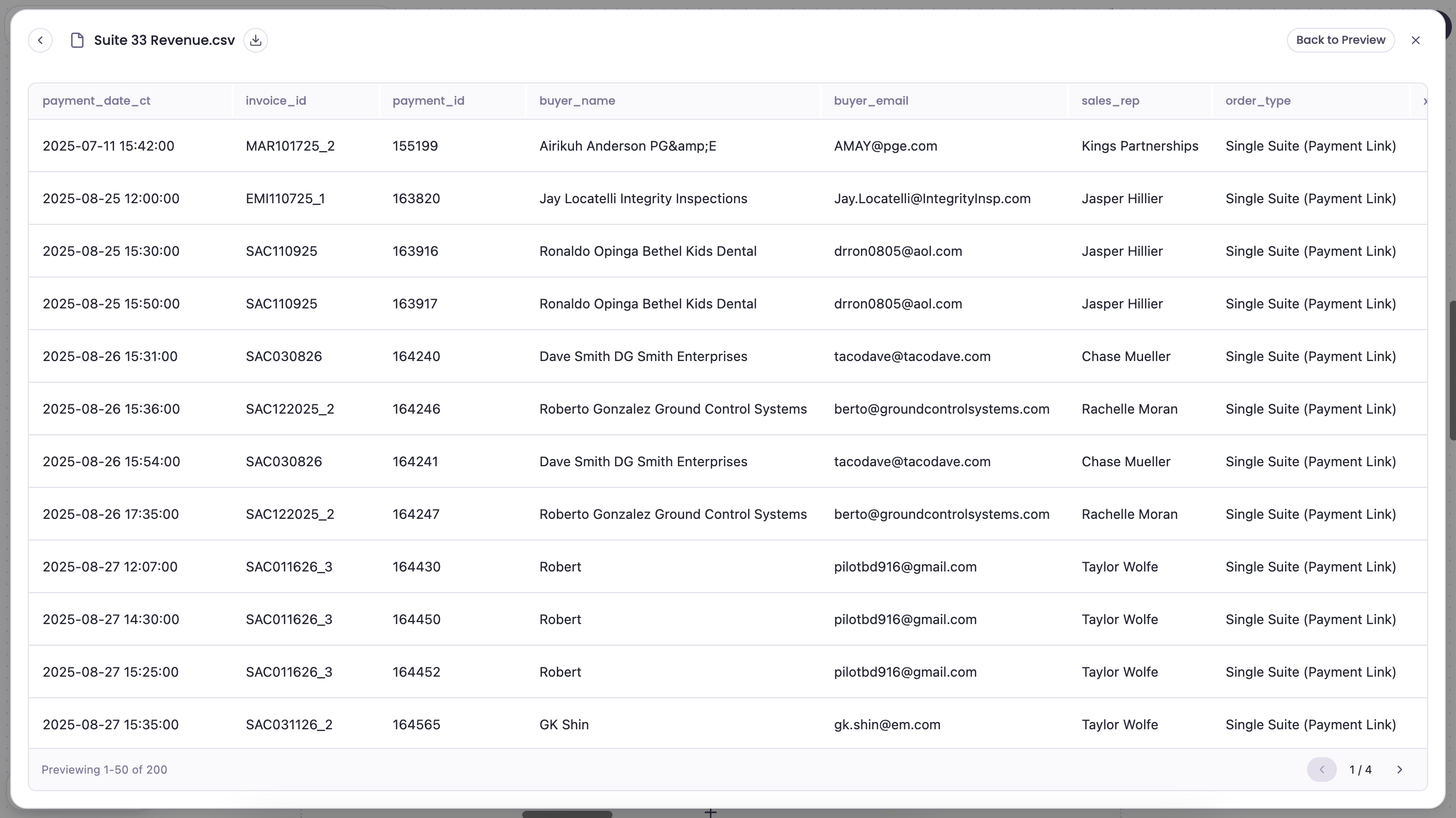 Expanded table full-screen preview