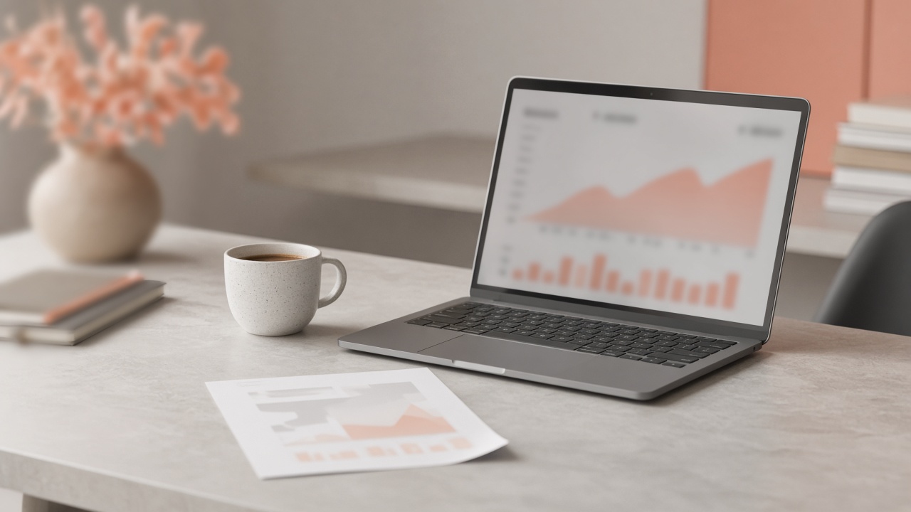 Text-free stock photo of a clean desk with an open report, laptop, and pen — suitable for sponsor recap and ROI reporting