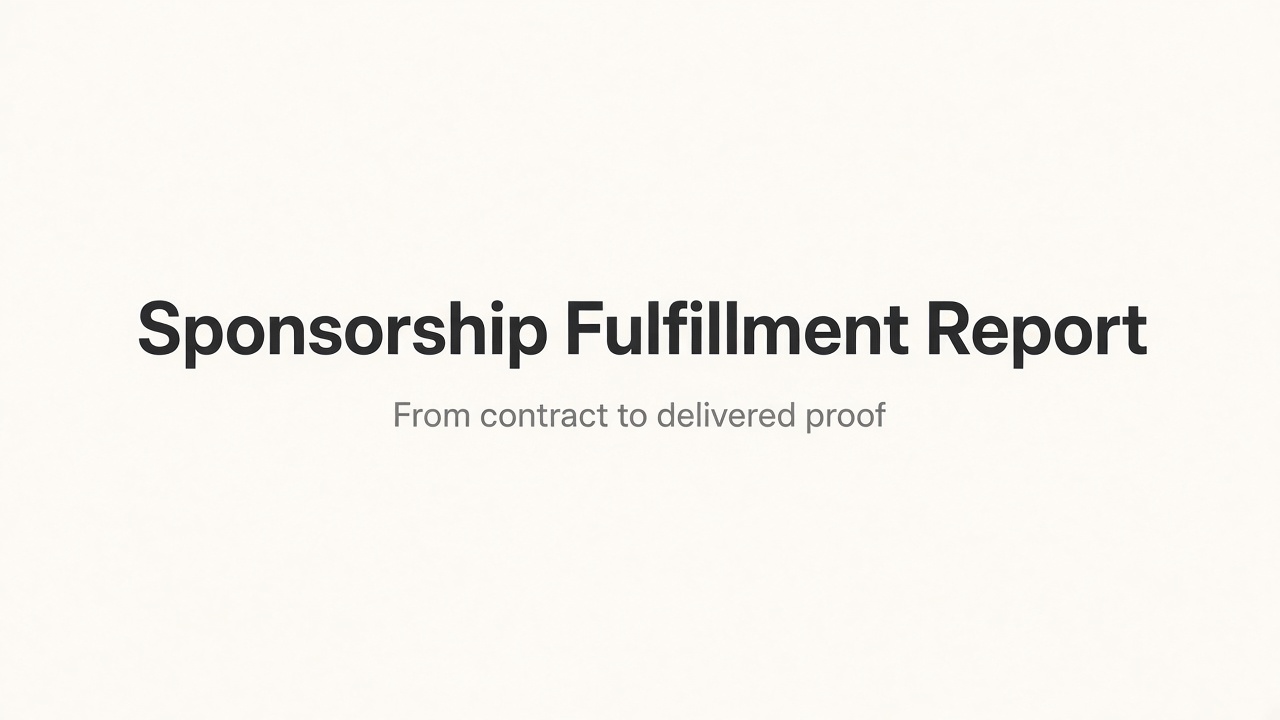 Centered headline Sponsorship Fulfillment Report with subtitle From contract to delivered proof on a light background