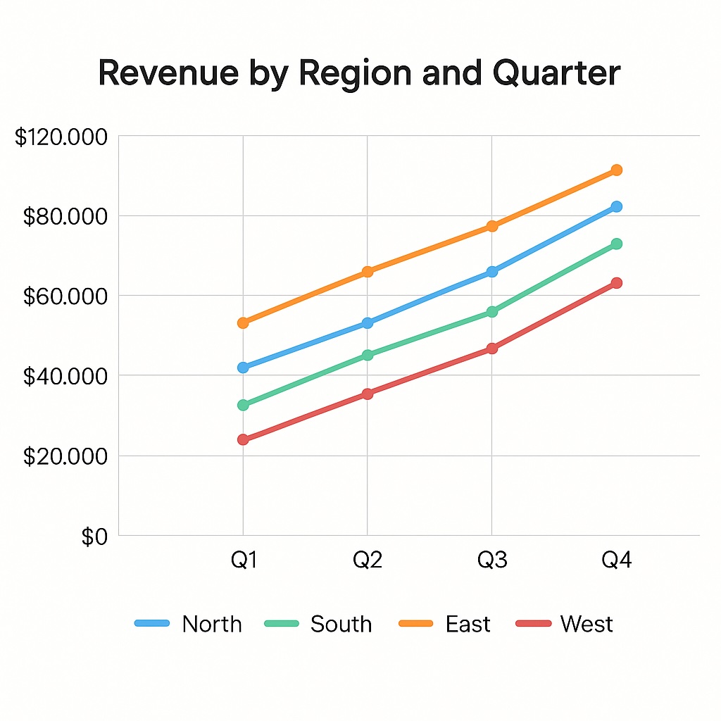 Example of a pivot chart showing revenue trends by region across quarters