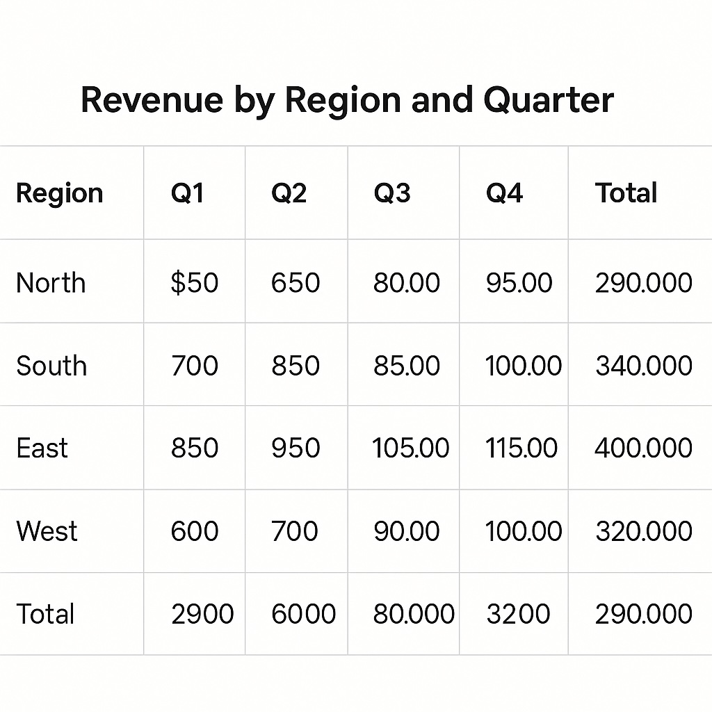 Example of a pivot table showing revenue by region and quarter